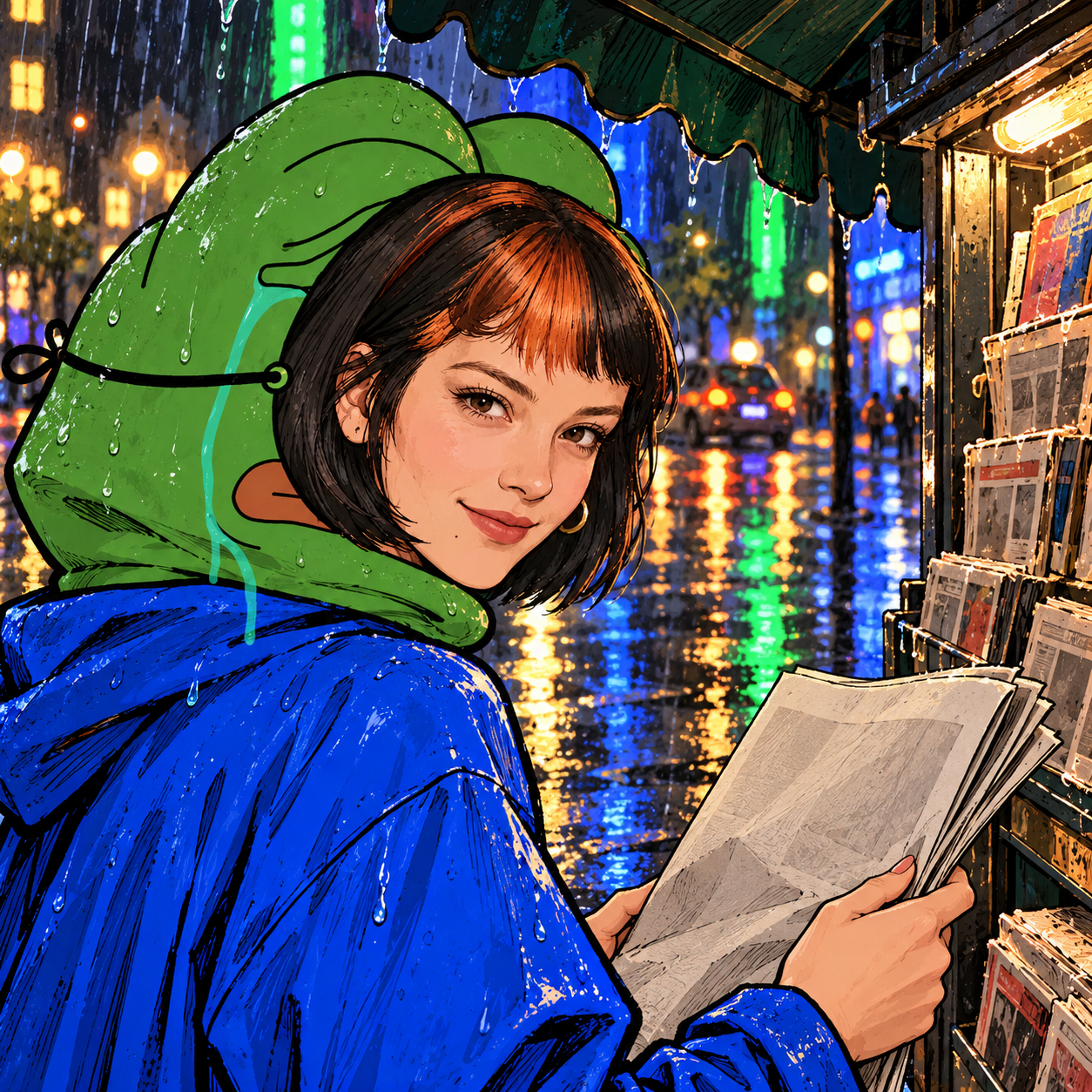 Pepe Claudia at a rainy late-night newspaper kiosk with a folded blank paper