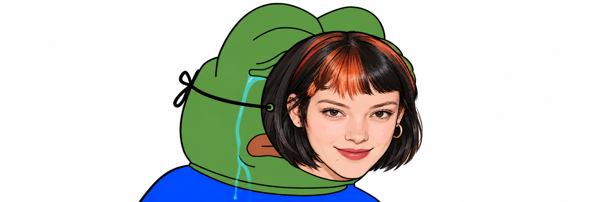Original illustrated wide banner of Pepe Claudia, with a copper-fringed bob inside a green frog hood and a cobalt shirt
