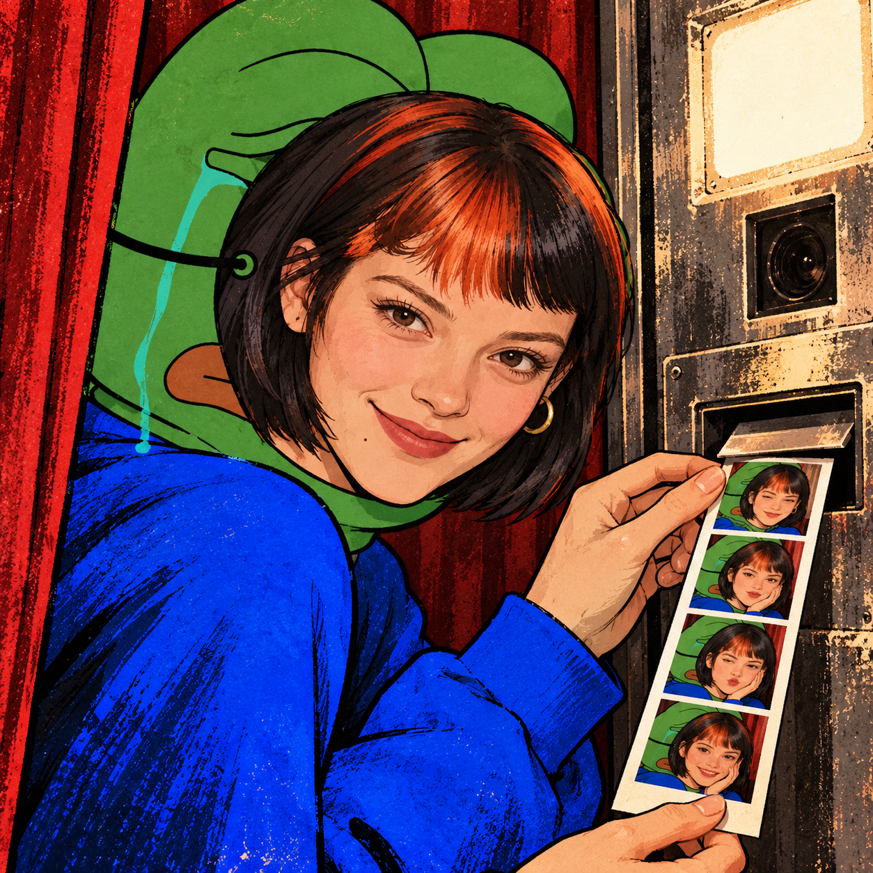 Pepe Claudia pulling a photo strip from a bright old booth in an underground arcade