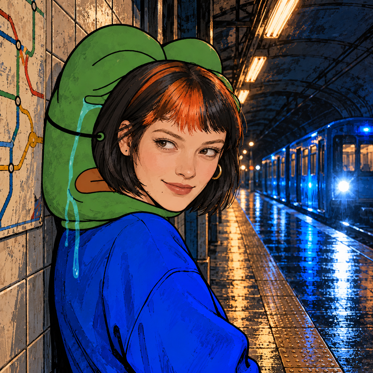 Pepe Claudia alone on a cobalt-lit underground station platform